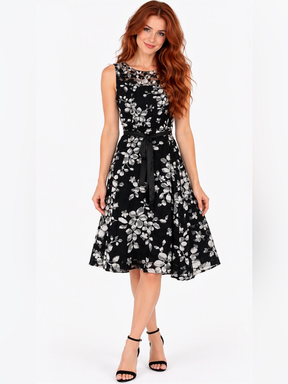 Sleeveless Black Floral A-Line Dress with Tie Waist